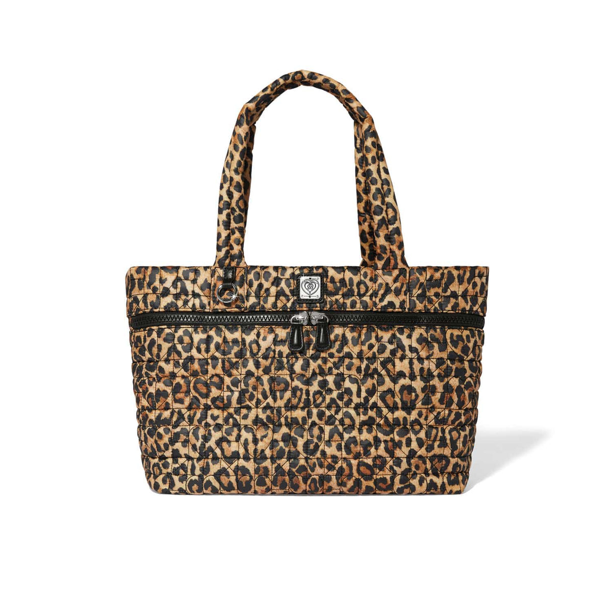 Brighton quilted tote handbag with leopard print, dual top handles, and front zip pocket on a white background