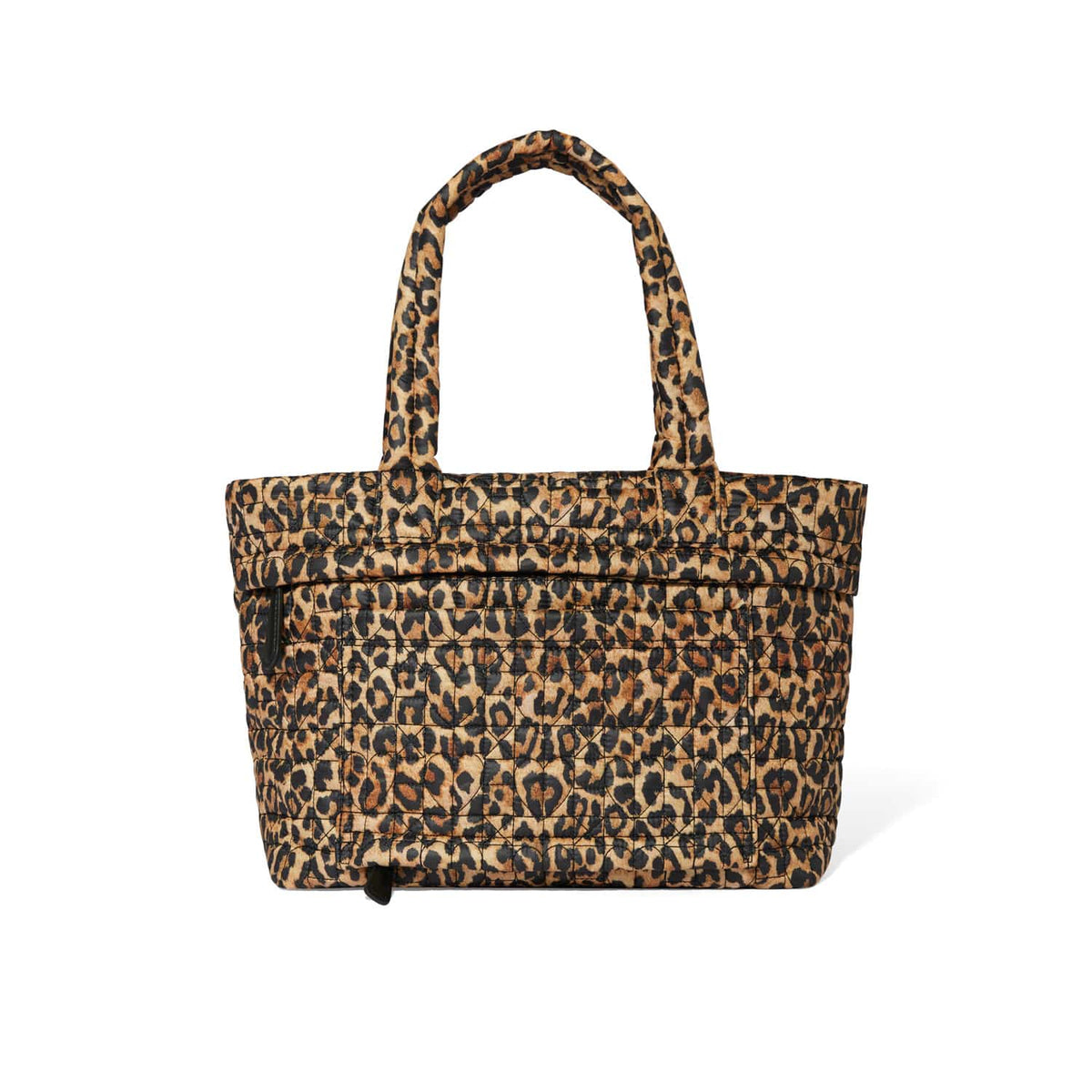 Brighton tote handbag with quilted leopard print pattern, dual top handles, and front pocket on a white background