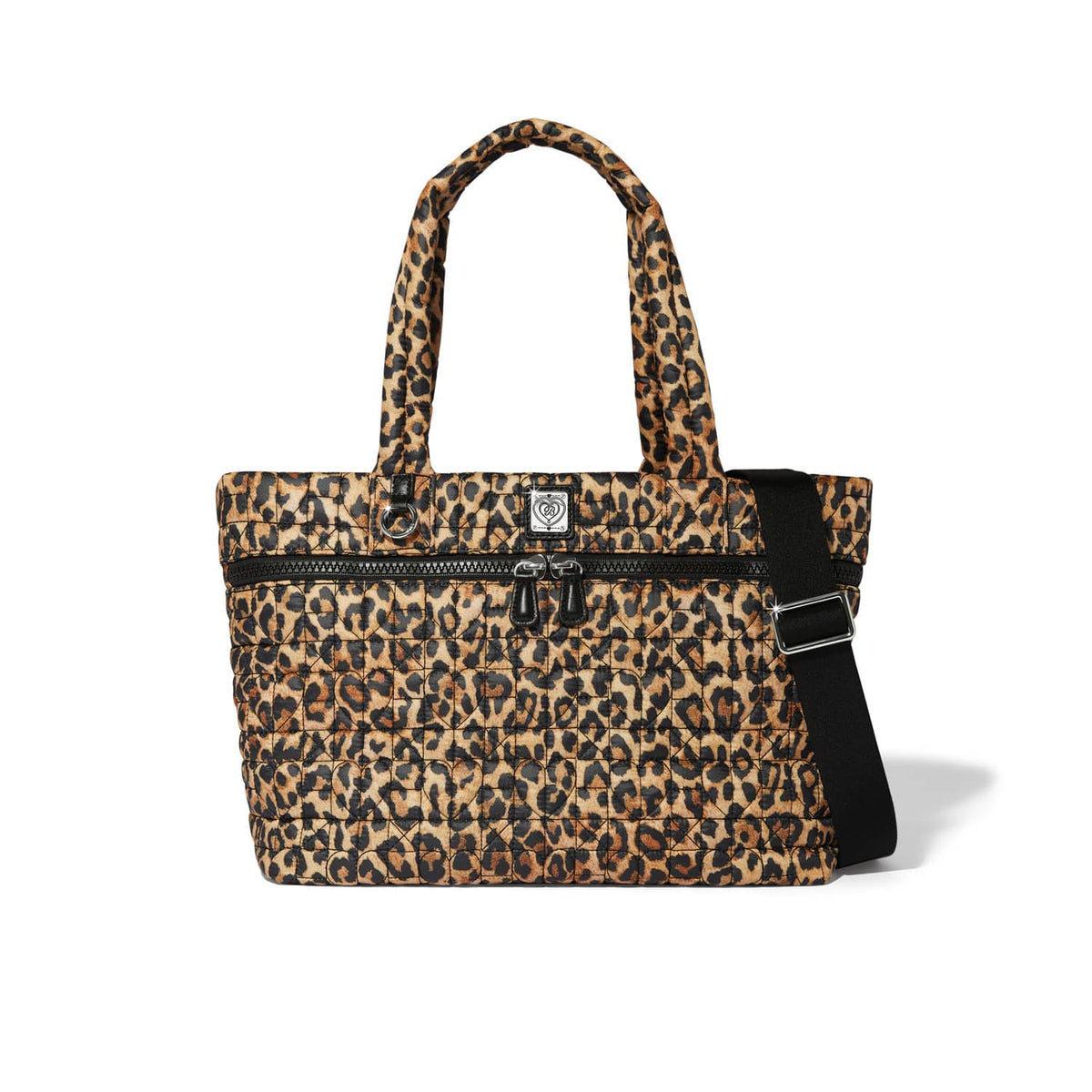 Brighton tote handbag with quilted leopard print, dual handles, black adjustable crossbody strap, and front zip pocket on a white background