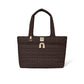 Brighton tote handbag in brown quilted heart pattern with dual handles, zippered pocket, and leather accents on a white background