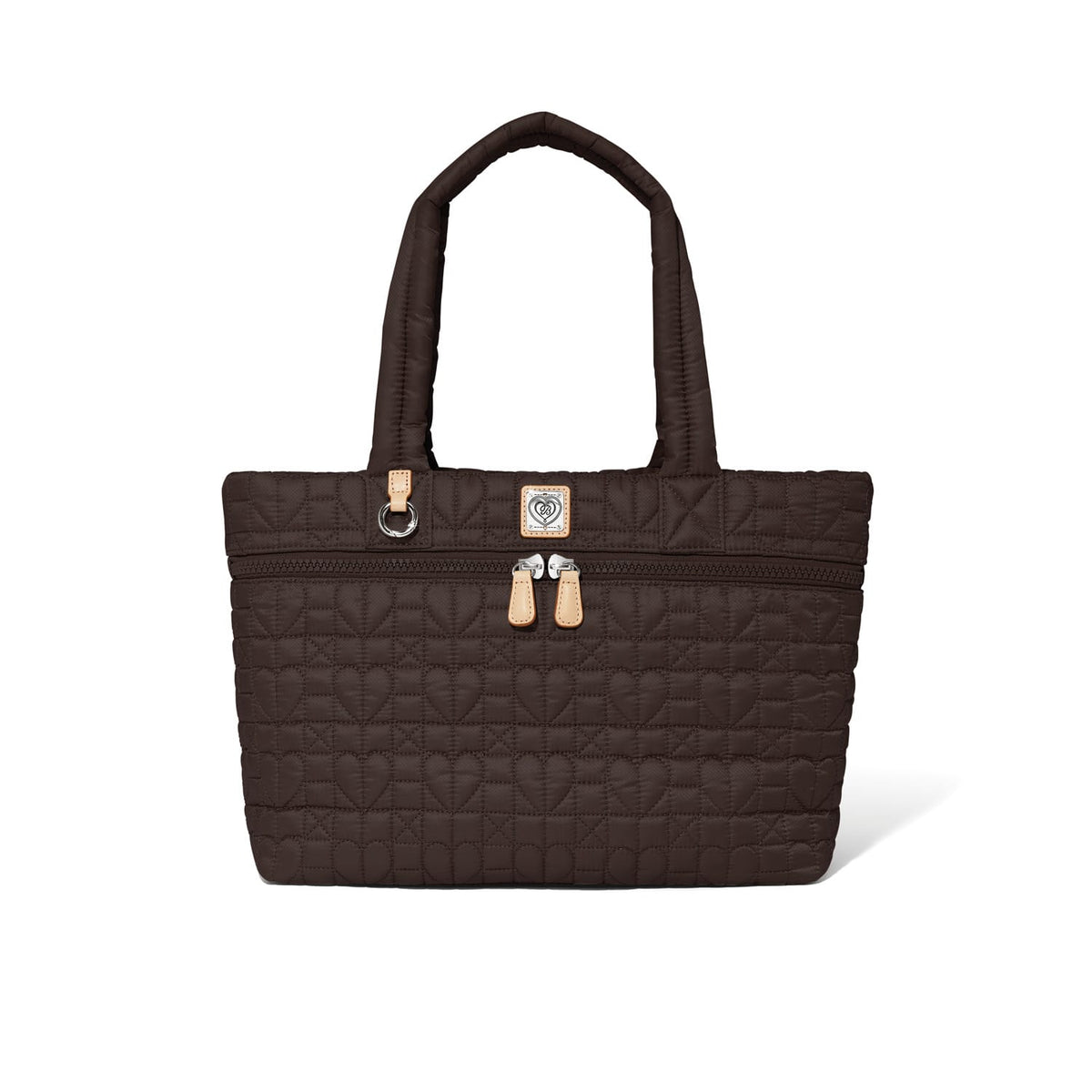 Brighton tote handbag in brown quilted heart pattern with dual handles, zippered pocket, and leather accents on a white background