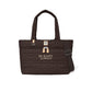 Brighton quilted tote handbag in brown with heart pattern, dual handles, and "Be Happy Always" text on a white background