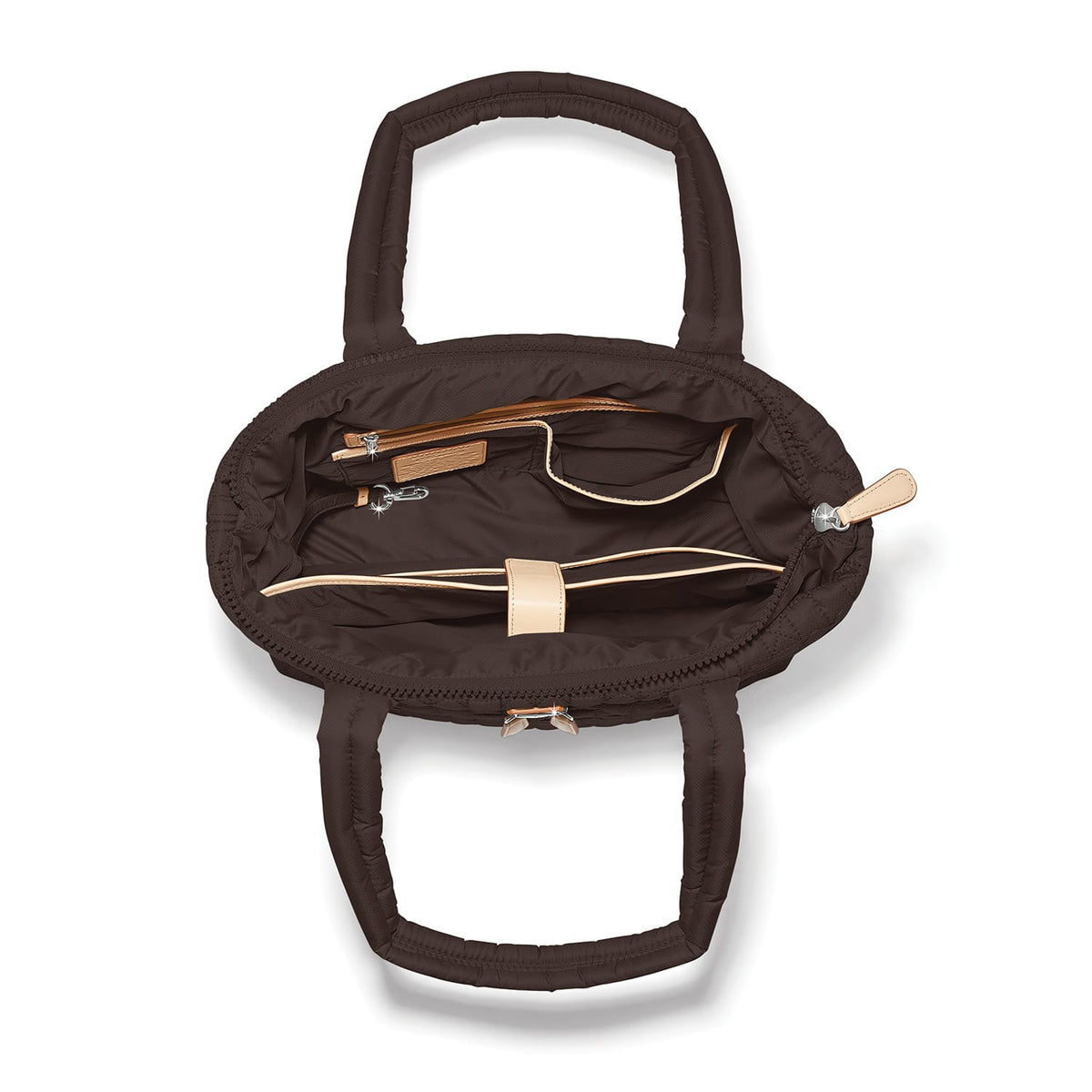 Brighton brown quilted handbag interior view showing zip pocket and tan leather trim on a white background