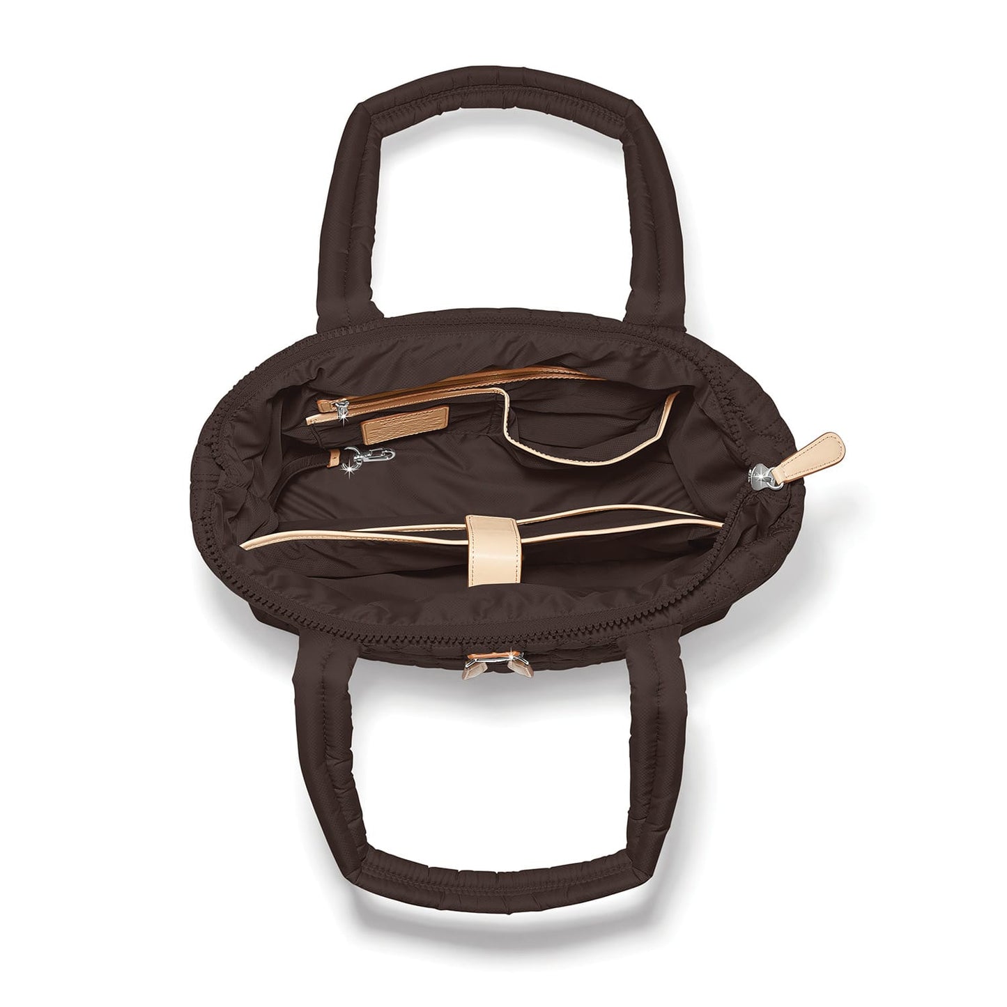 Brighton brown quilted handbag interior view showing zip pocket and tan leather trim on a white background