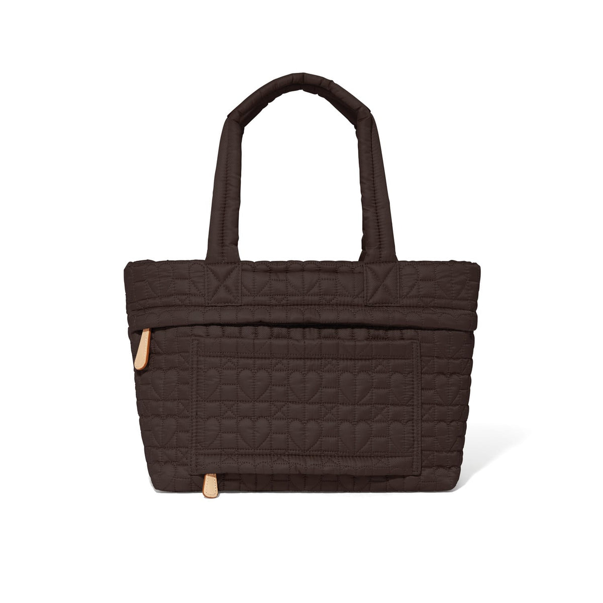 Brighton tote handbag in dark brown quilted nylon with dual padded handles and front pocket on a white background