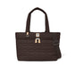 Brighton tote handbag in brown quilted heart pattern with dual handles, zip pocket, and adjustable crossbody strap on a white background