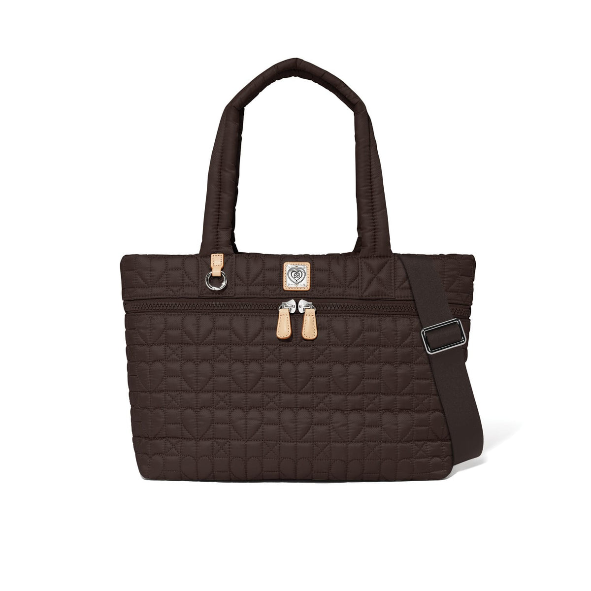 Brighton tote handbag in brown quilted heart pattern with dual handles, zip pocket, and adjustable crossbody strap on a white background