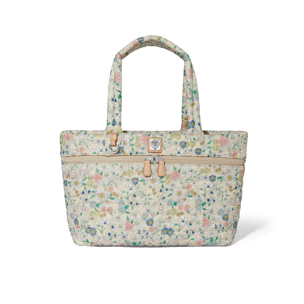 Brighton tote handbag with pastel floral print, dual top handles, and front zip pocket on a white background