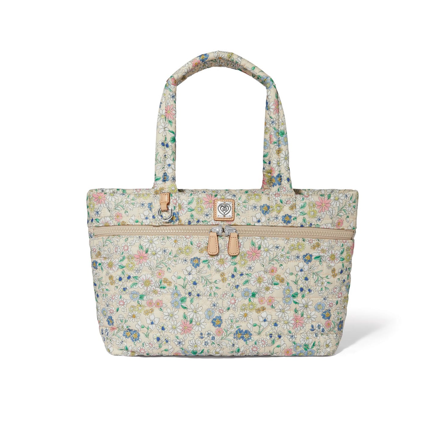 Brighton tote handbag with pastel floral print, dual top handles, and front zip pocket on a white background