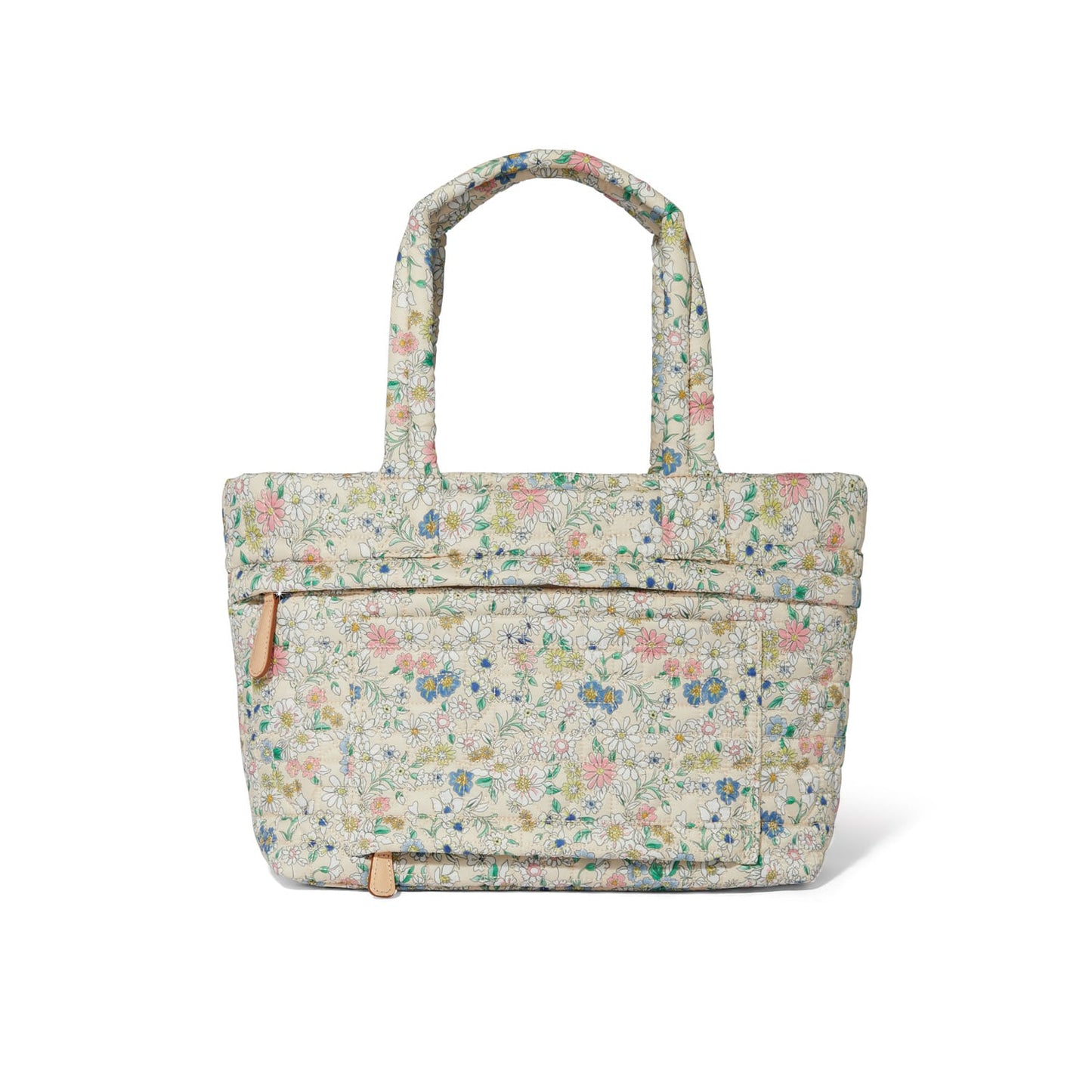 Brighton tote handbag with quilted floral print, dual top handles, and front zip pocket on a white background