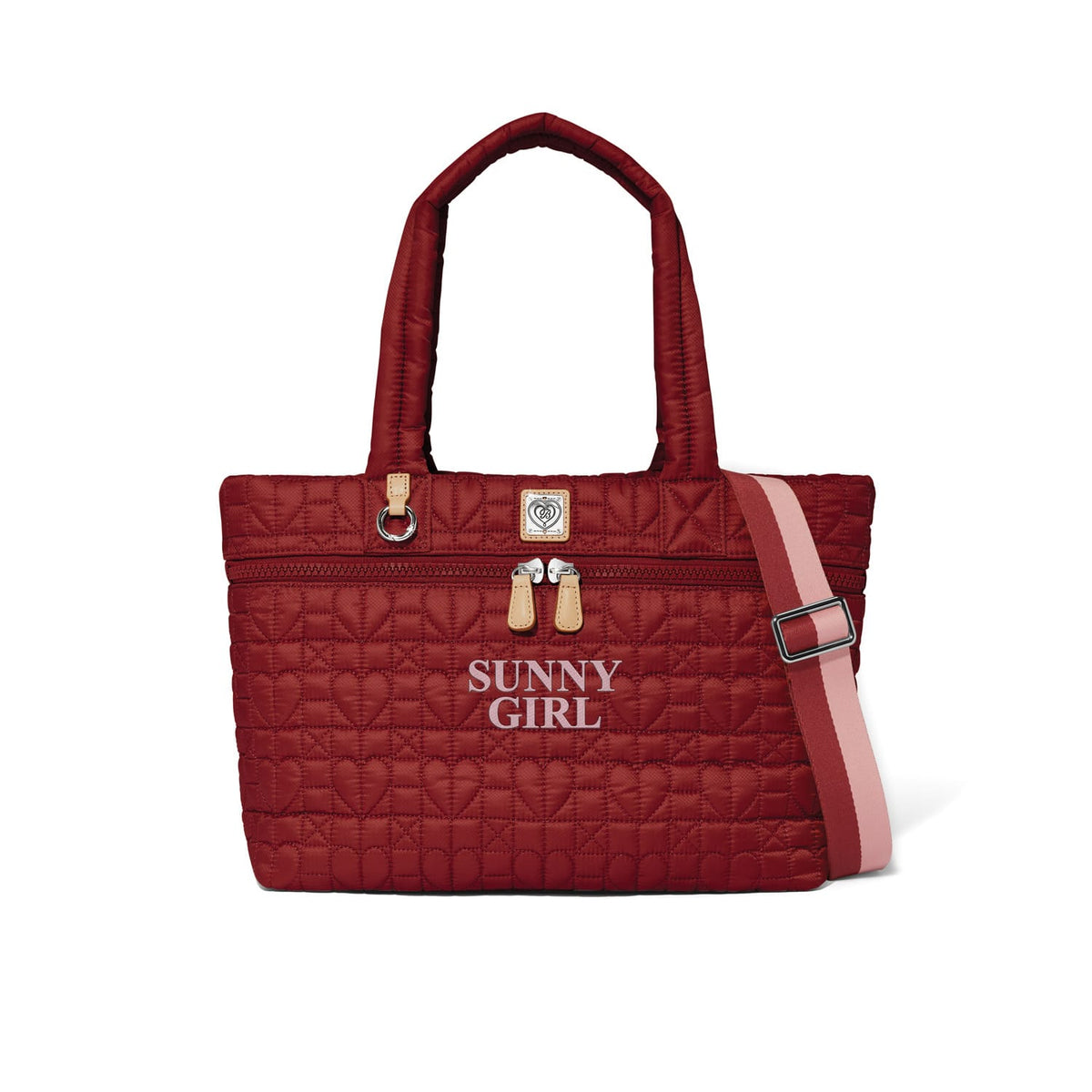 Brighton tote handbag in red quilted heart pattern with Sunny Girl text and pink striped strap on a white background