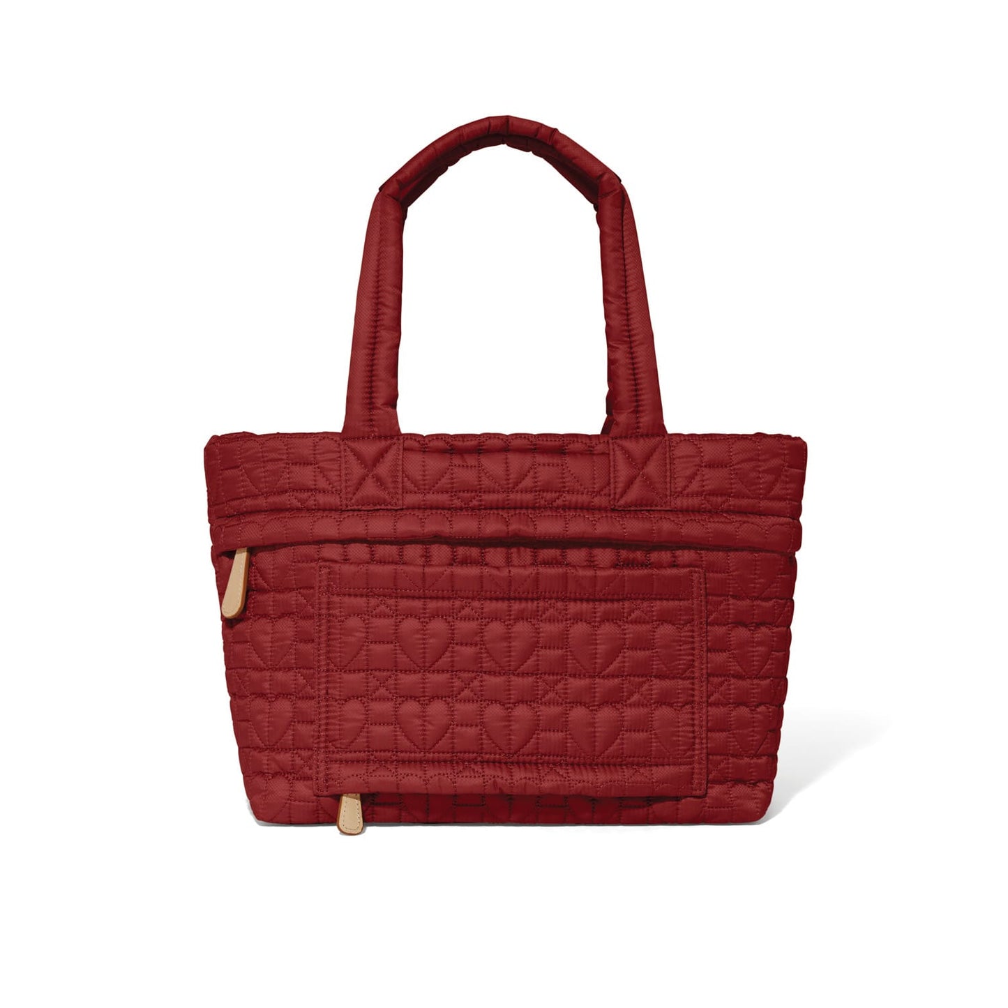 Brighton tote handbag in red quilted fabric with dual top handles and front pocket on a white background