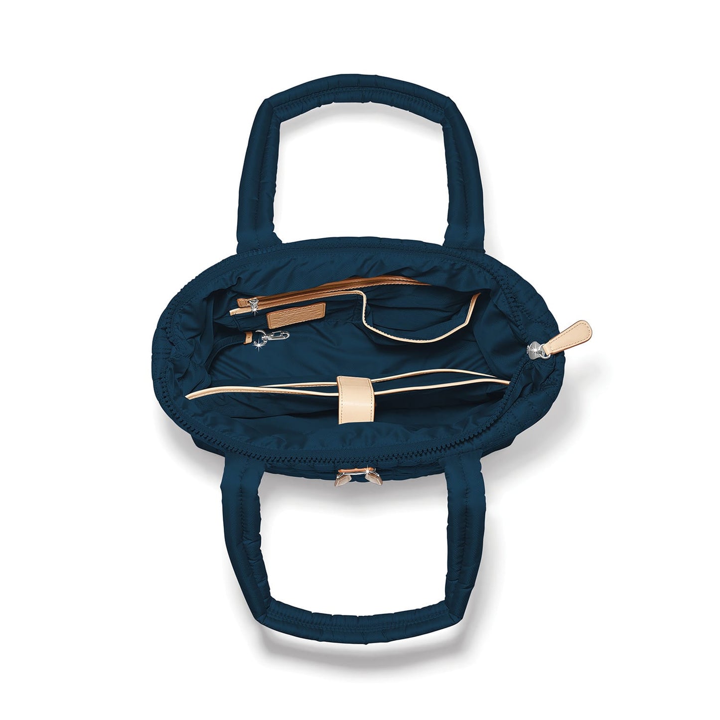 Brighton navy blue handbag interior view showing zippered pocket, leather trim accents, and fabric lining on a white background