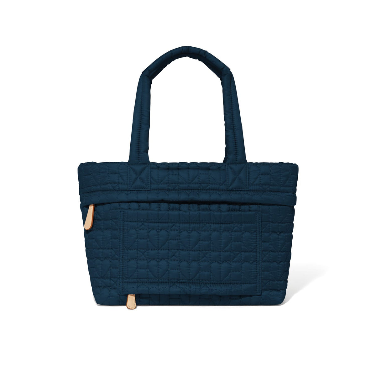 Brighton tote handbag in navy quilted fabric with heart pattern, dual top handles, and front pocket on a white background