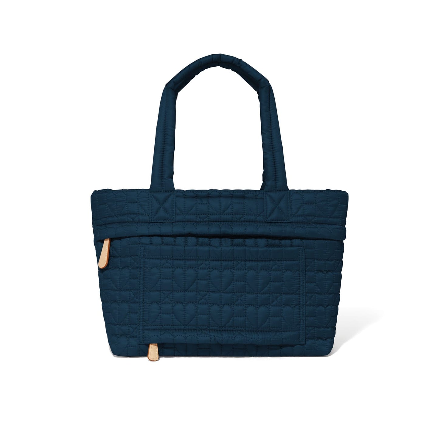 Brighton tote handbag in navy quilted fabric with heart pattern, dual top handles, and front pocket on a white background