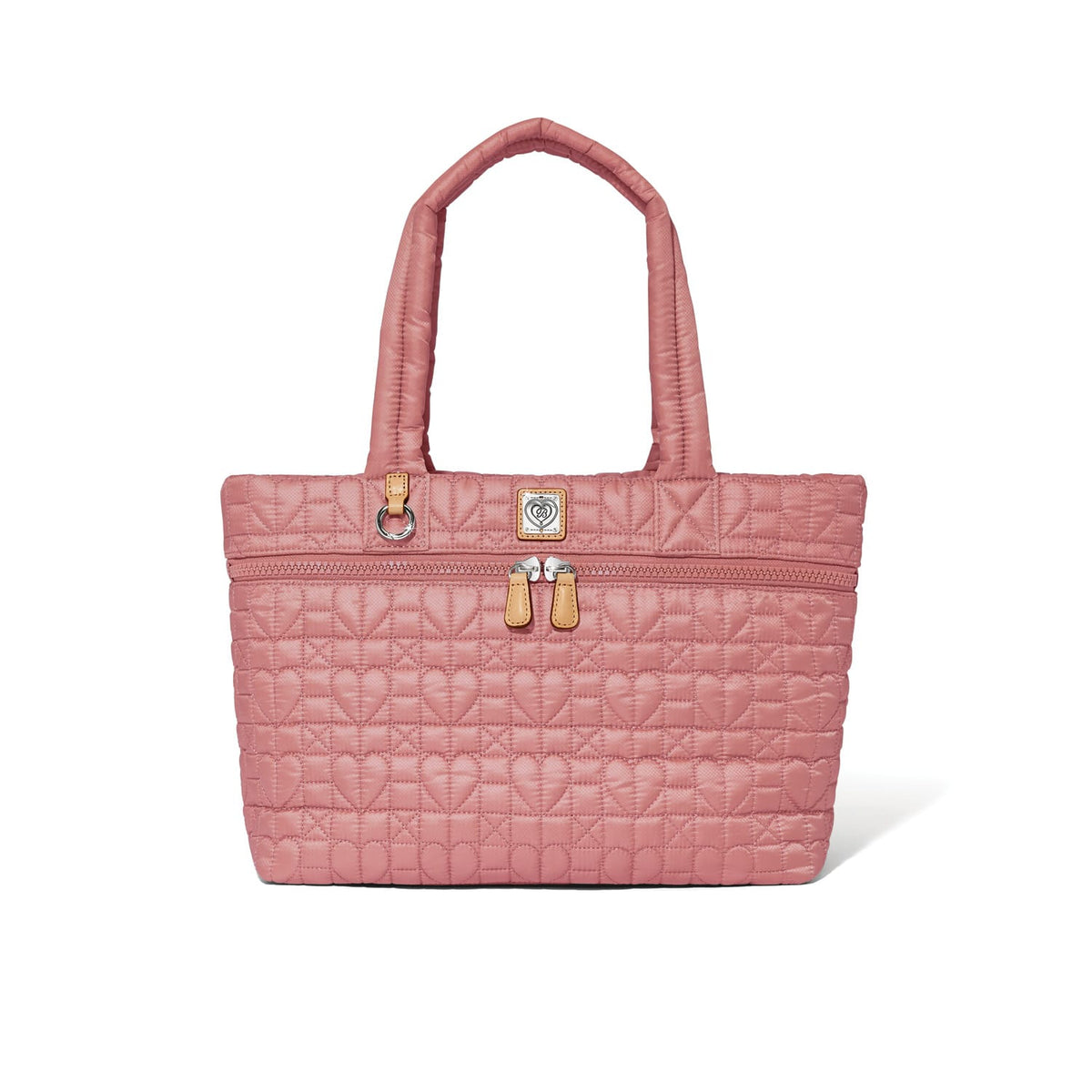 Brighton tote handbag in pink quilted heart pattern with tan leather zipper pulls and logo charm on a white background