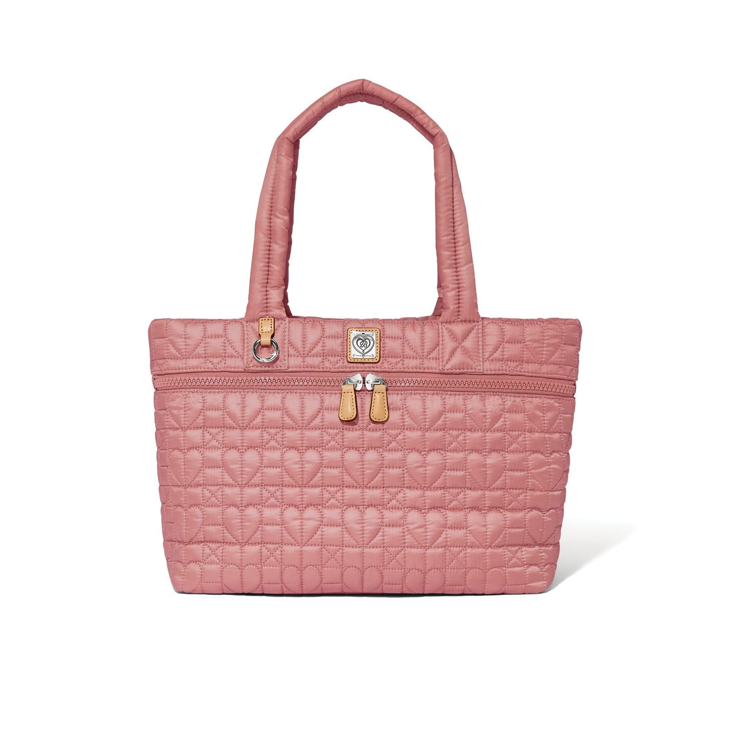 Brighton tote handbag in pink quilted heart pattern with tan leather zipper pulls and logo charm on a white background