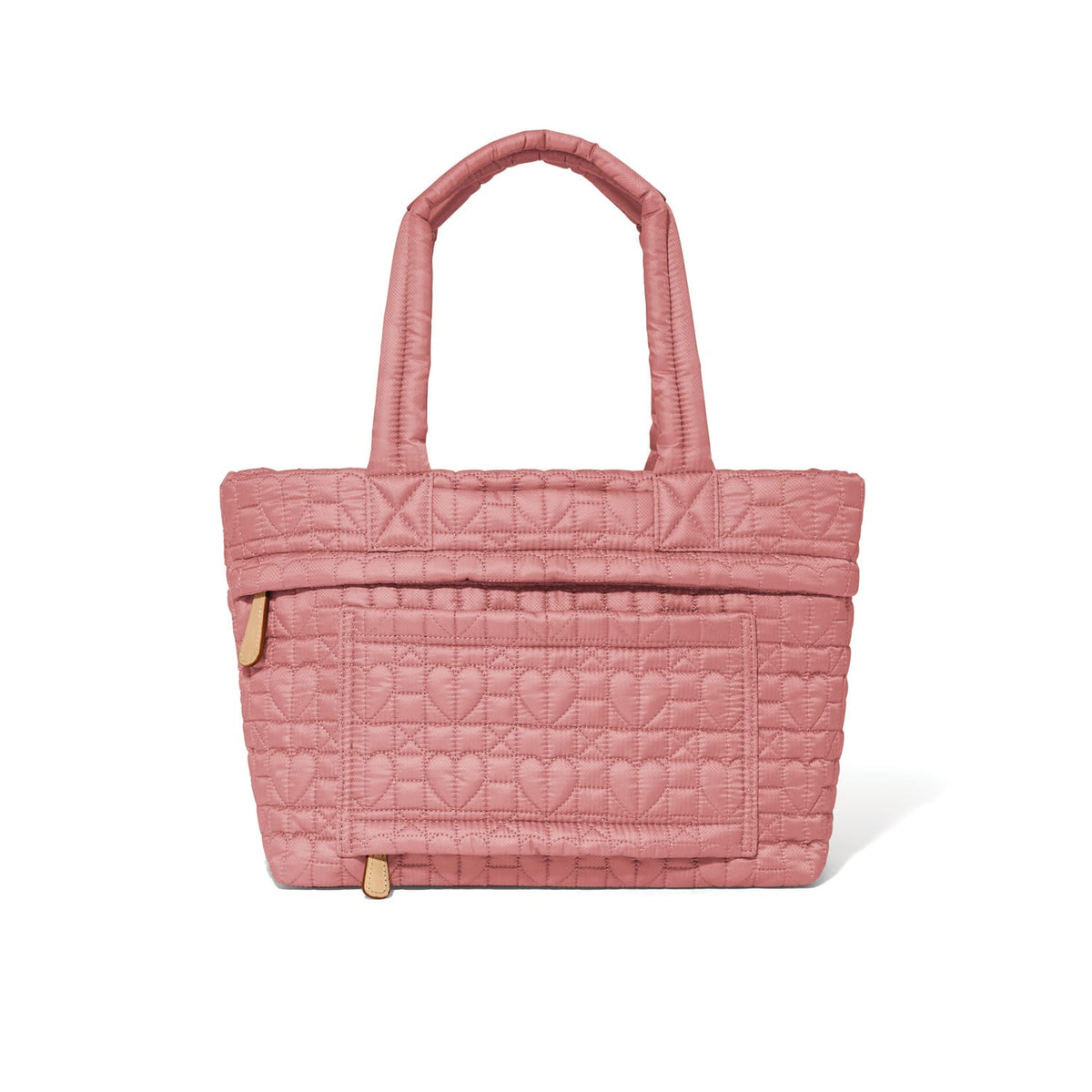Brighton tote handbag in pink quilted heart pattern with dual top handles and front pocket on a white background