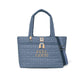 Brighton blue quilted tote handbag with heart pattern, Feel Good print, and navy crossbody strap on a white background