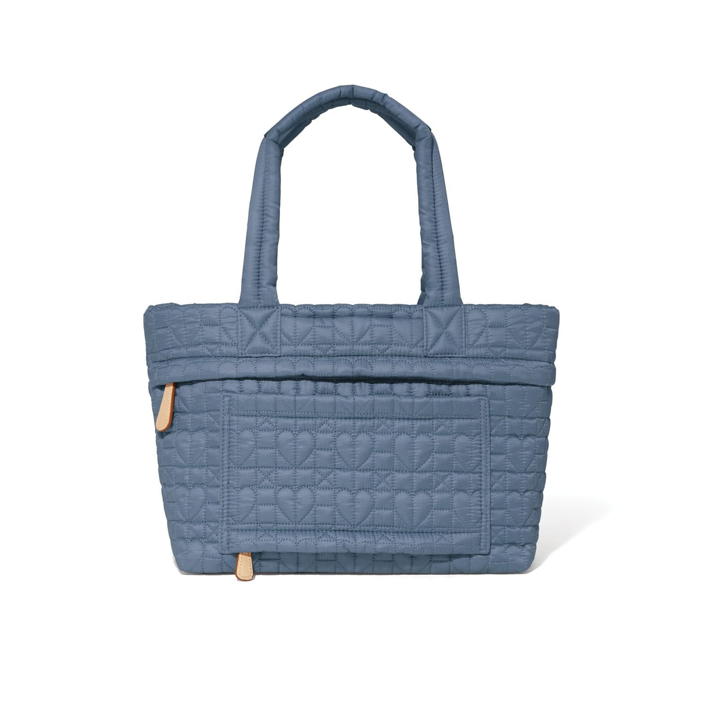 Brighton tote handbag in blue quilted fabric with heart-pattern stitching, dual top handles, and front pocket on a white background