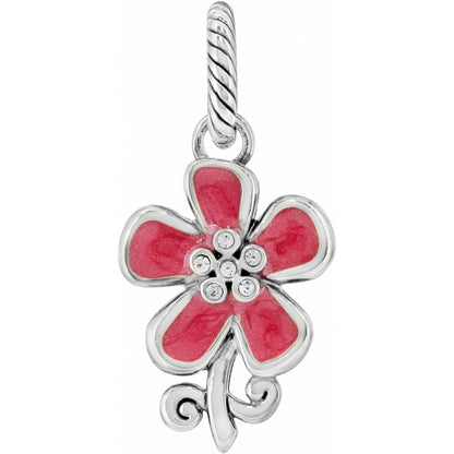 Brighton flower charm with pink enamel petals, crystal center accents, and silver-plated rope bail on a white background