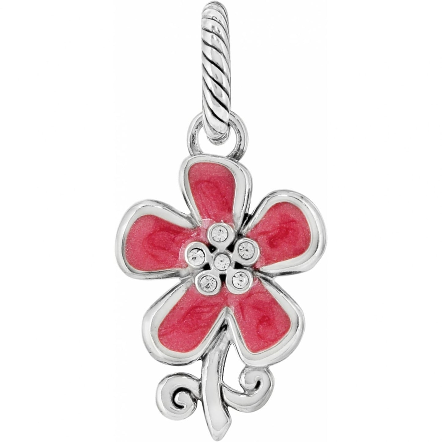Brighton flower charm with pink enamel petals, crystal center accents, and silver-plated rope bail on a white background
