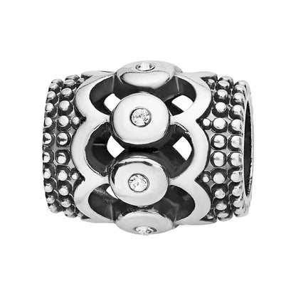 Brighton charm bead with silver-plated openwork design, crystal accents, and beaded side borders on a white background