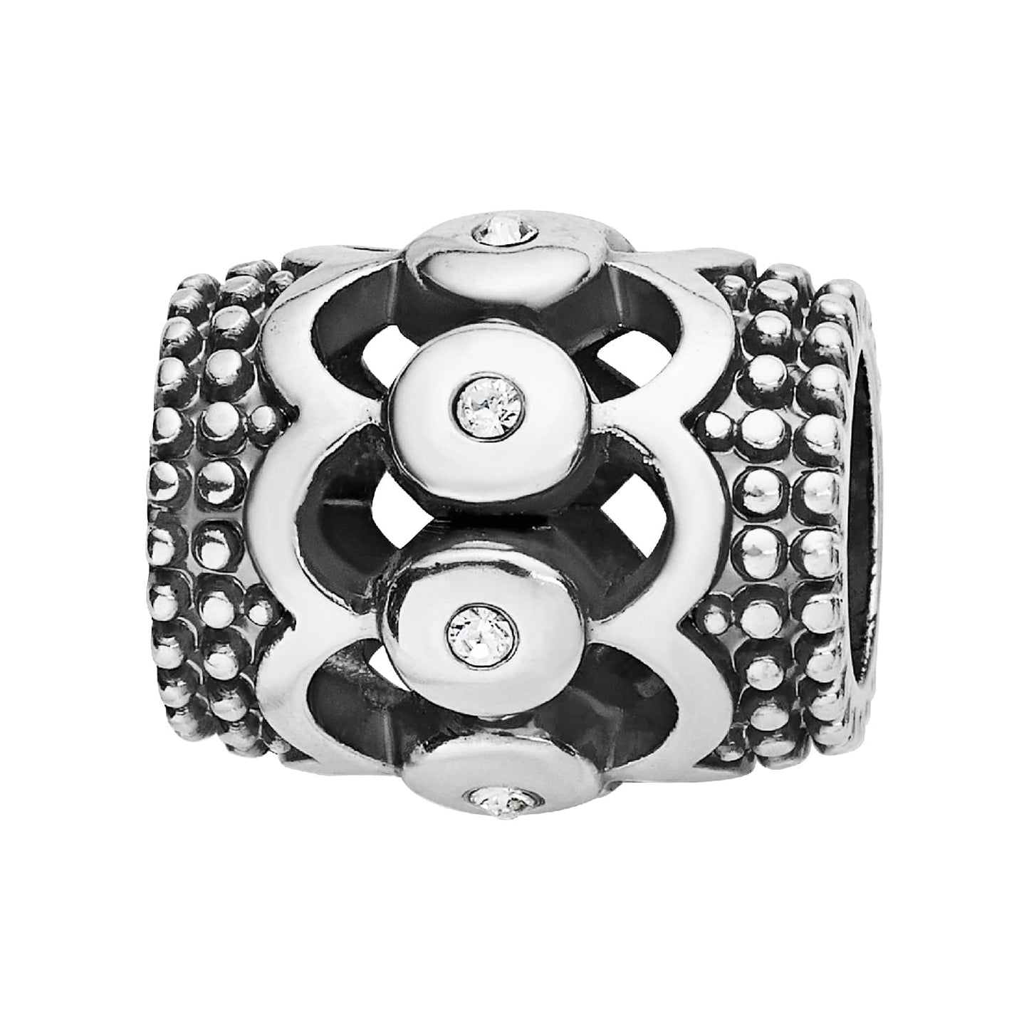 Brighton charm bead with silver-plated openwork design, crystal accents, and beaded side borders on a white background