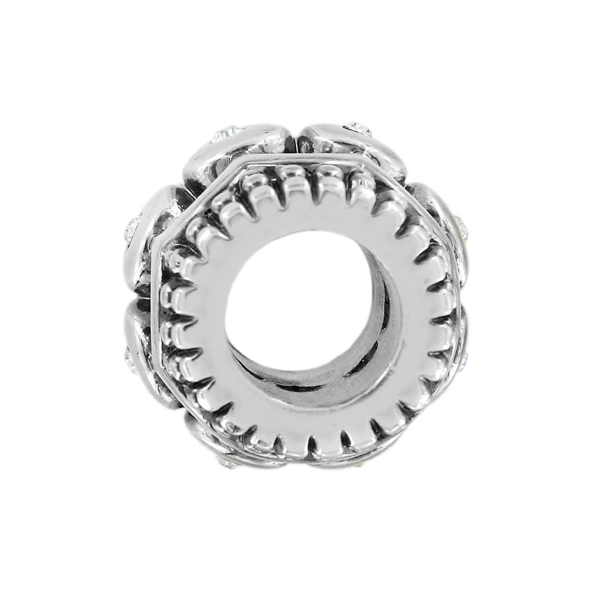 Brighton charm bead with silver-plated ridged edges, crystal accents, and open center hole on a white background