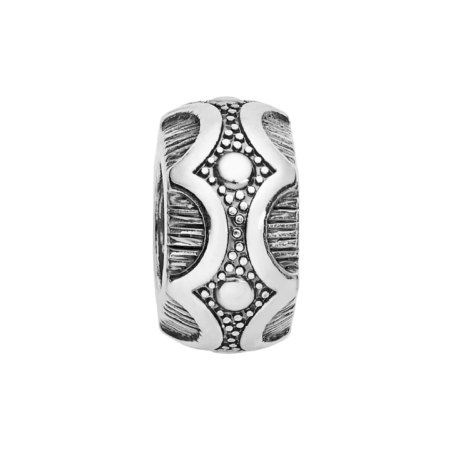 Brighton silver-plated charm bead with dotted diamond pattern and textured wave detailing on a white background