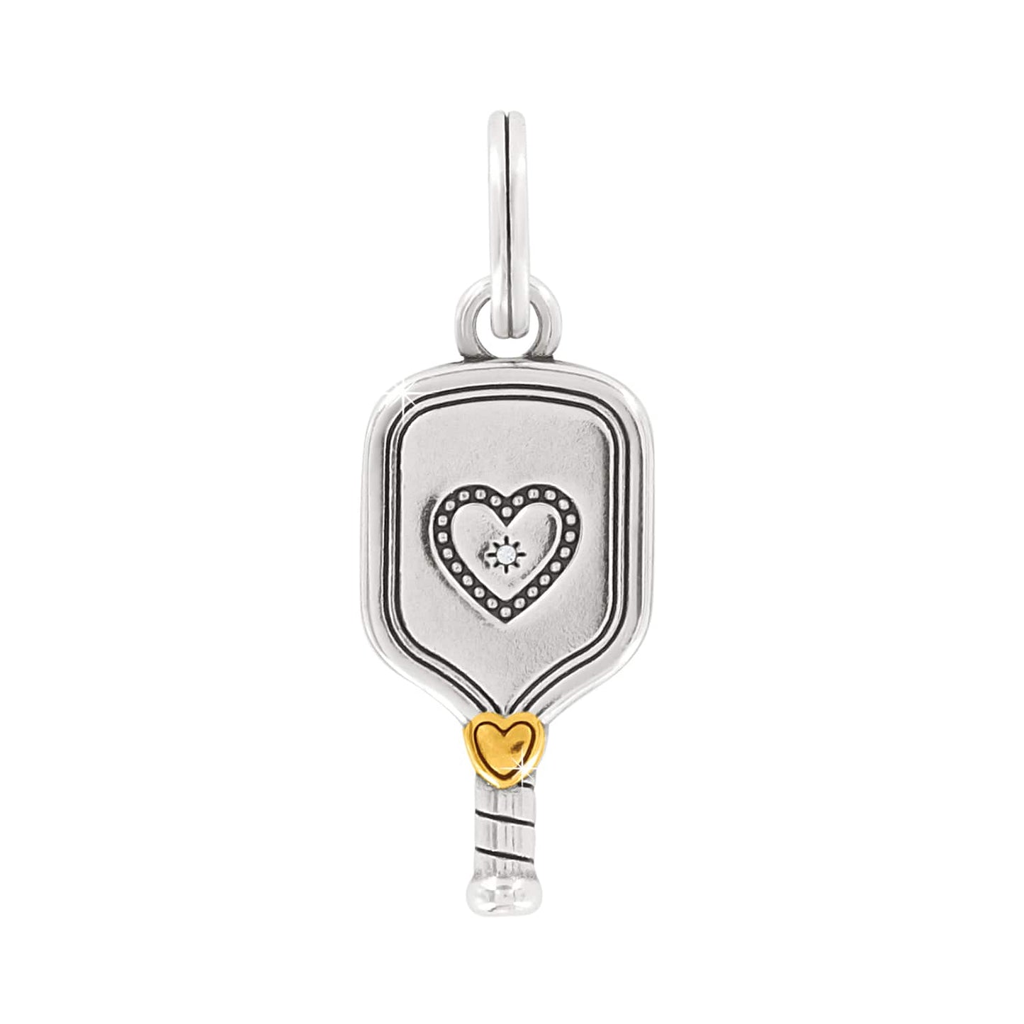 Brighton pickleball paddle charm with silver-tone finish, engraved heart detail, and gold-tone accent on a white background
