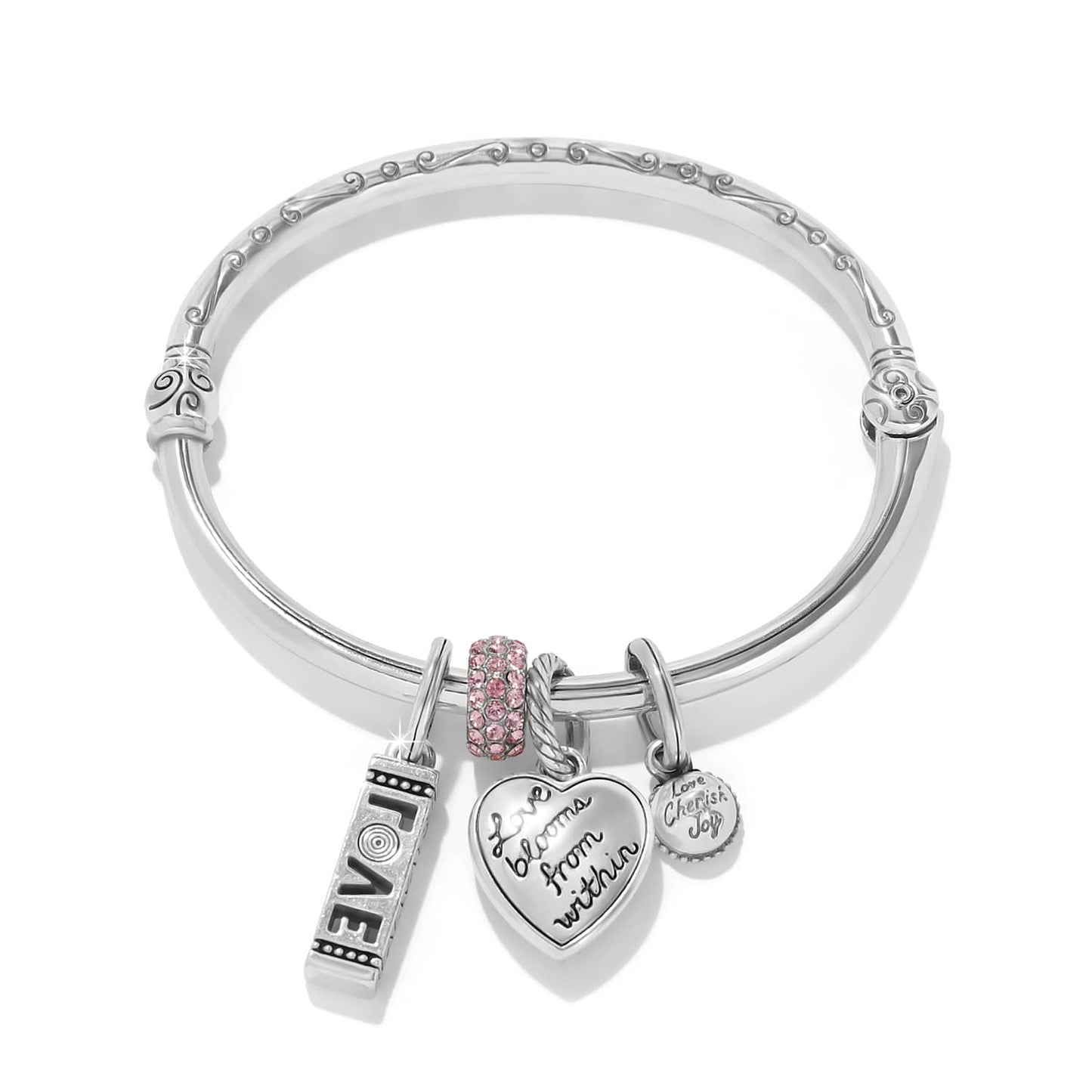 Brighton silver-plated bangle bracelet with pink crystal bead and engraved heart love charms on a white background