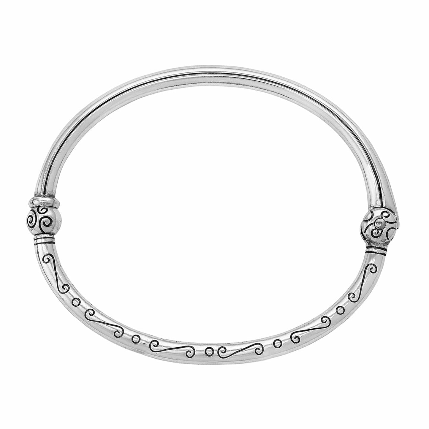 Brighton silver-plated bangle bracelet with engraved scroll and dot detailing and decorative beaded accents on a white background