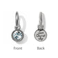 Brighton silver-plated charm shown front and back with crystal center and engraved Love Cherish Joy text on white background