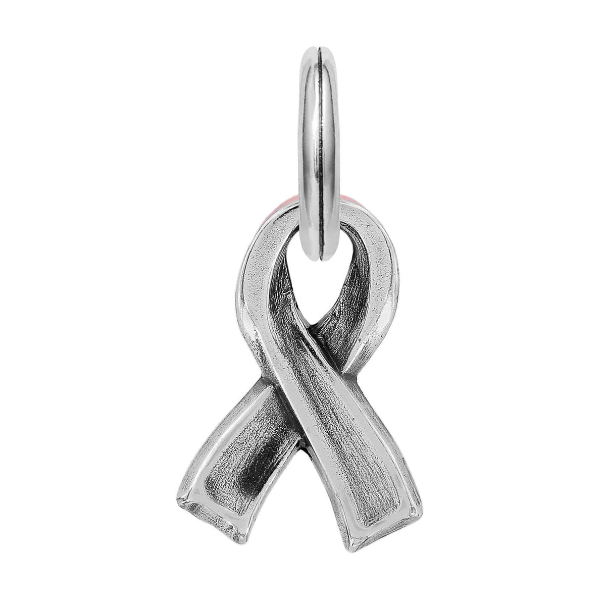 Brighton awareness ribbon charm with silver-plated finish and split ring loop on a white background