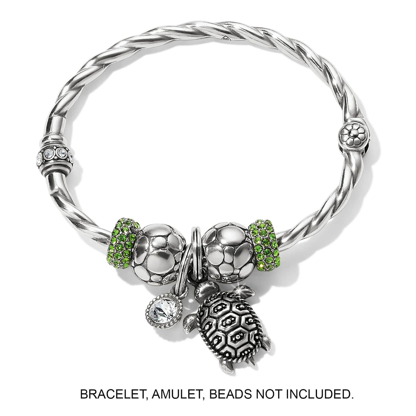 Brighton turtle charm with textured shell and crystal accent, shown with silver-plated bangle and beads on white background