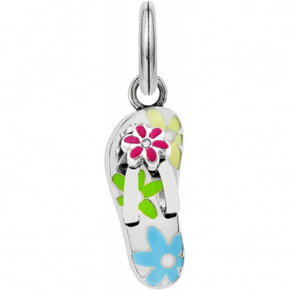 Brighton flip-flop charm with silver-plated finish and colorful enamel flowers in pink, yellow, green, and blue on a white background