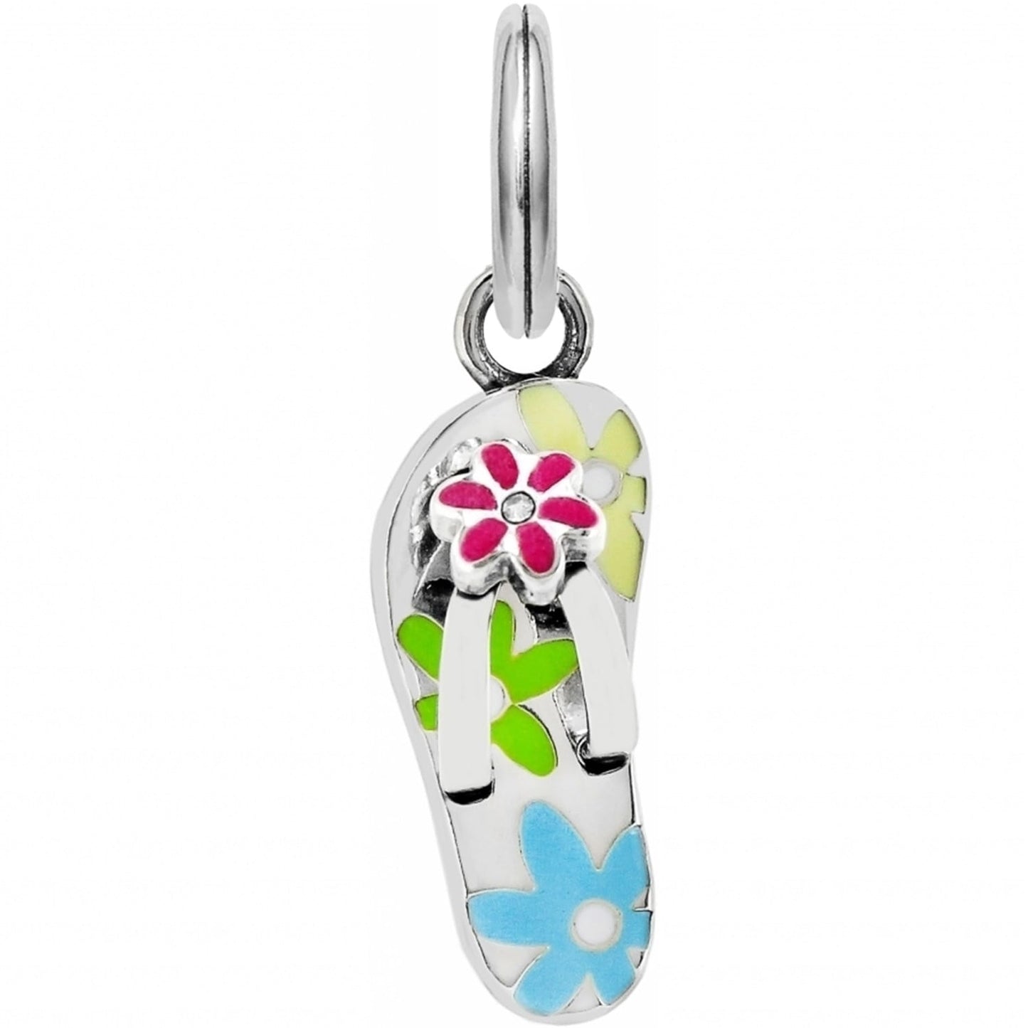 Brighton flip-flop charm with silver-plated finish and colorful enamel flowers in pink, yellow, green, and blue on a white background