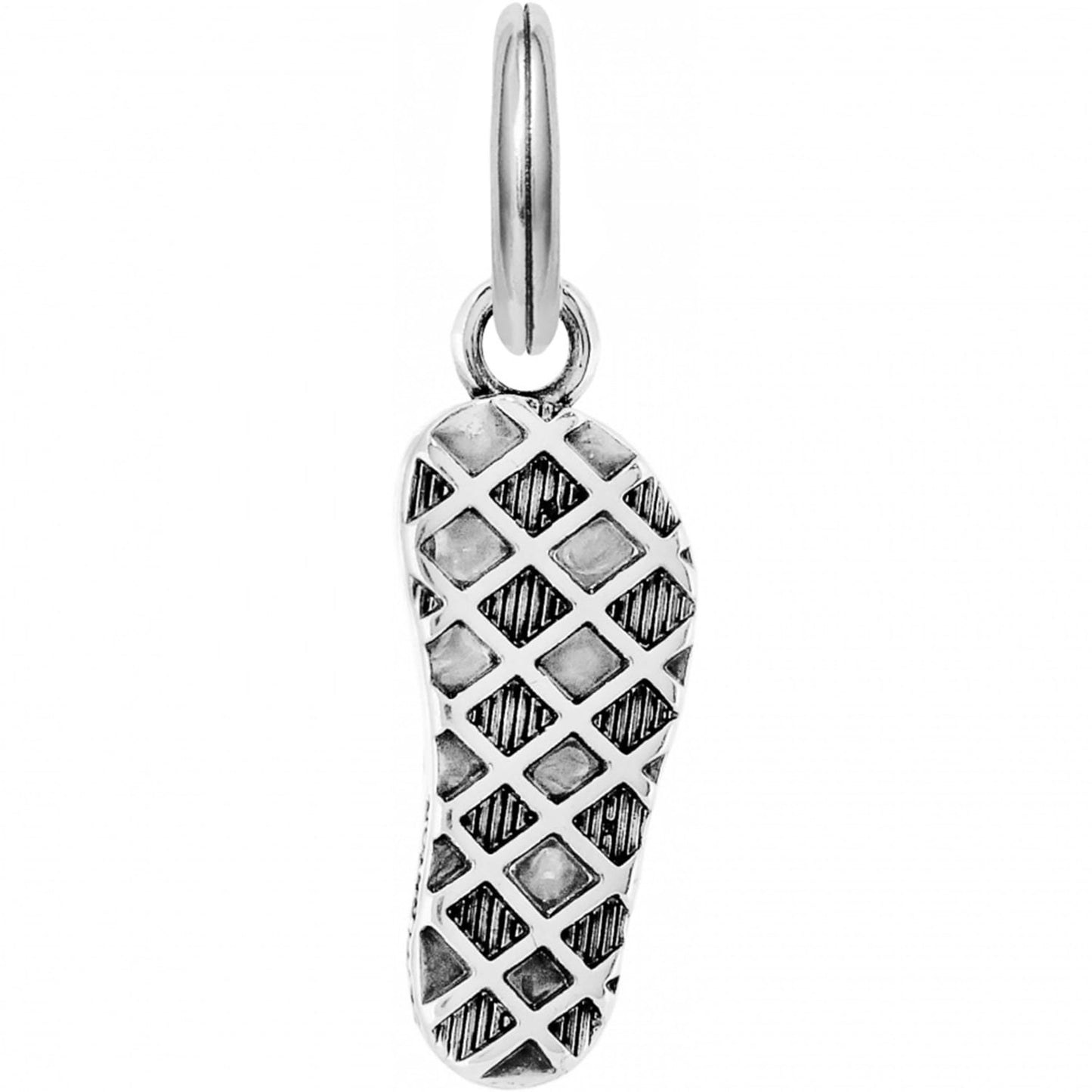 Brighton flip-flop charm with silver-plated diamond lattice pattern and split ring on a white background