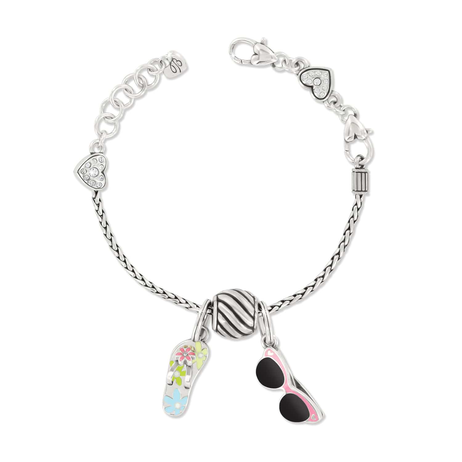 Brighton silver-plated charm bracelet with enamel flip-flop, sunglasses, striped bead, and crystal heart accents on a white background