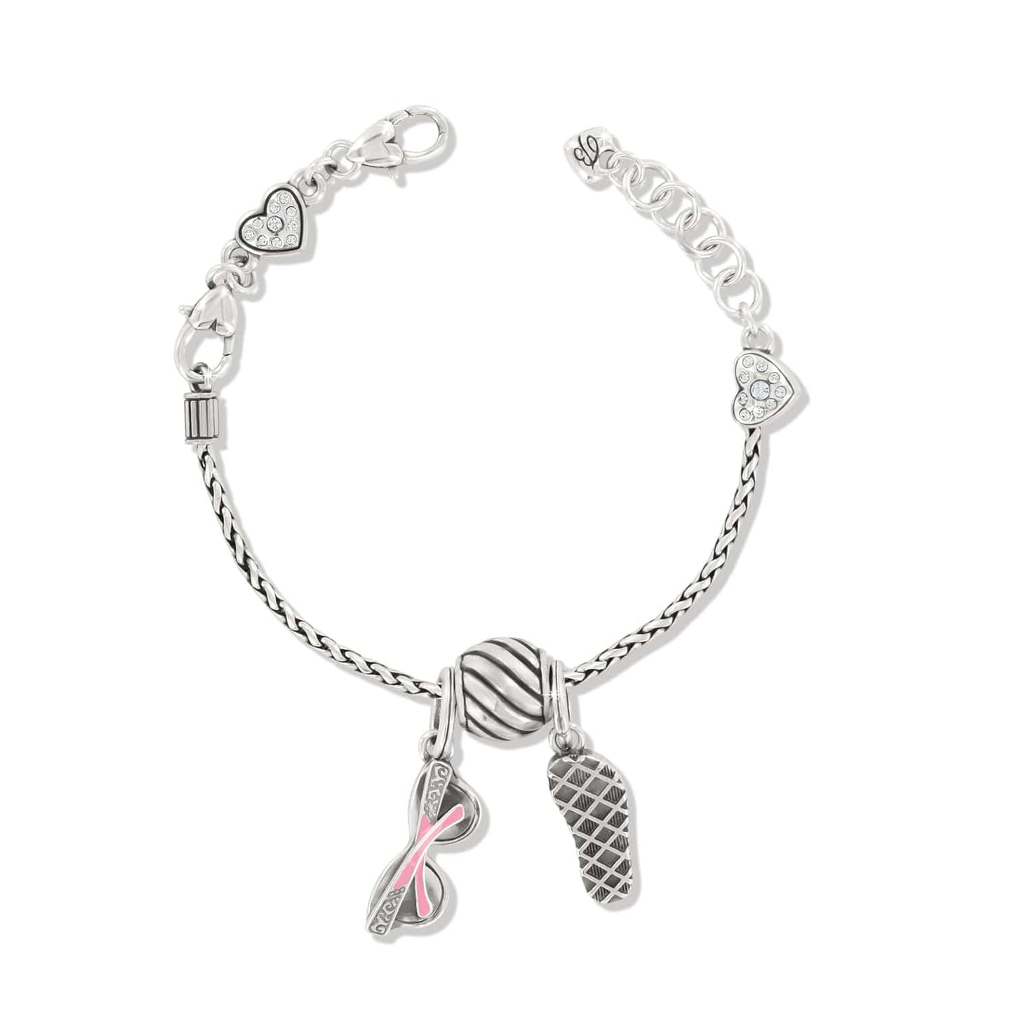 Brighton silver-plated charm bracelet with crystal hearts, sunglasses charm with pink enamel, and sandal charm on a white background