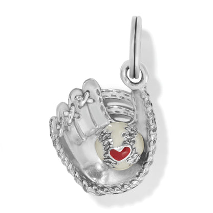 Brighton silver-plated baseball glove charm with enamel ball and red heart detail on a white background