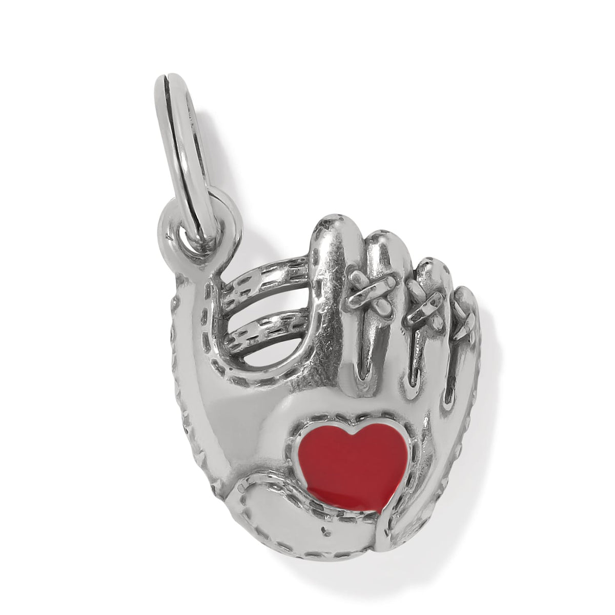 Brighton baseball glove charm with red enamel heart accent and silver-plated finish on a white background