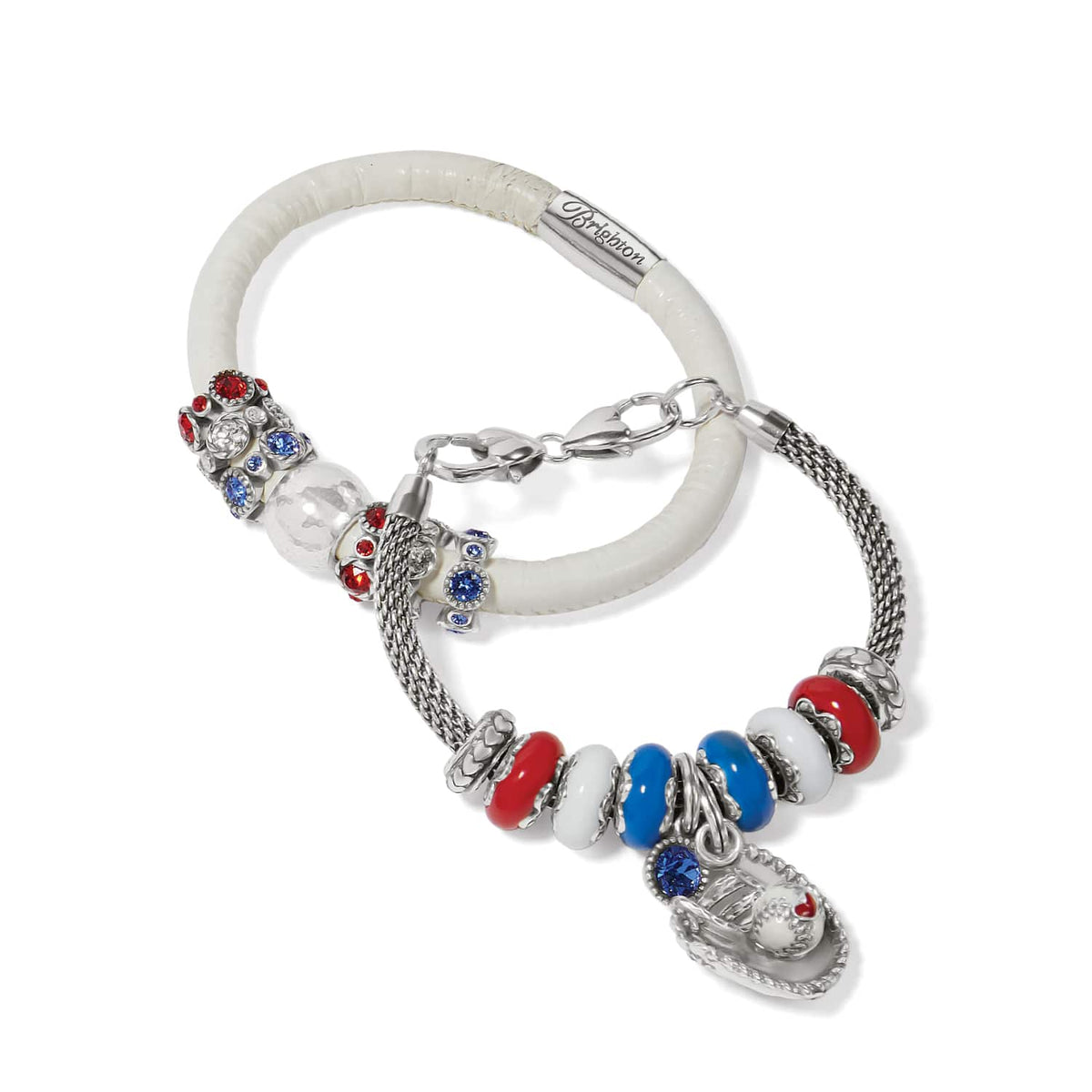 Brighton charm bracelets with red, white, and blue beads, silver-plated accents, and baseball glove charm on white background