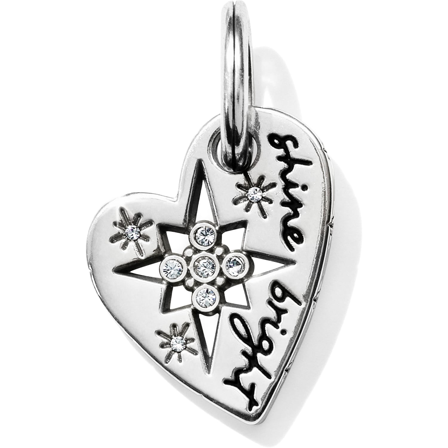 Brighton silver-plated heart charm with engraved shine bright text, star motif, and crystal accents on a white background