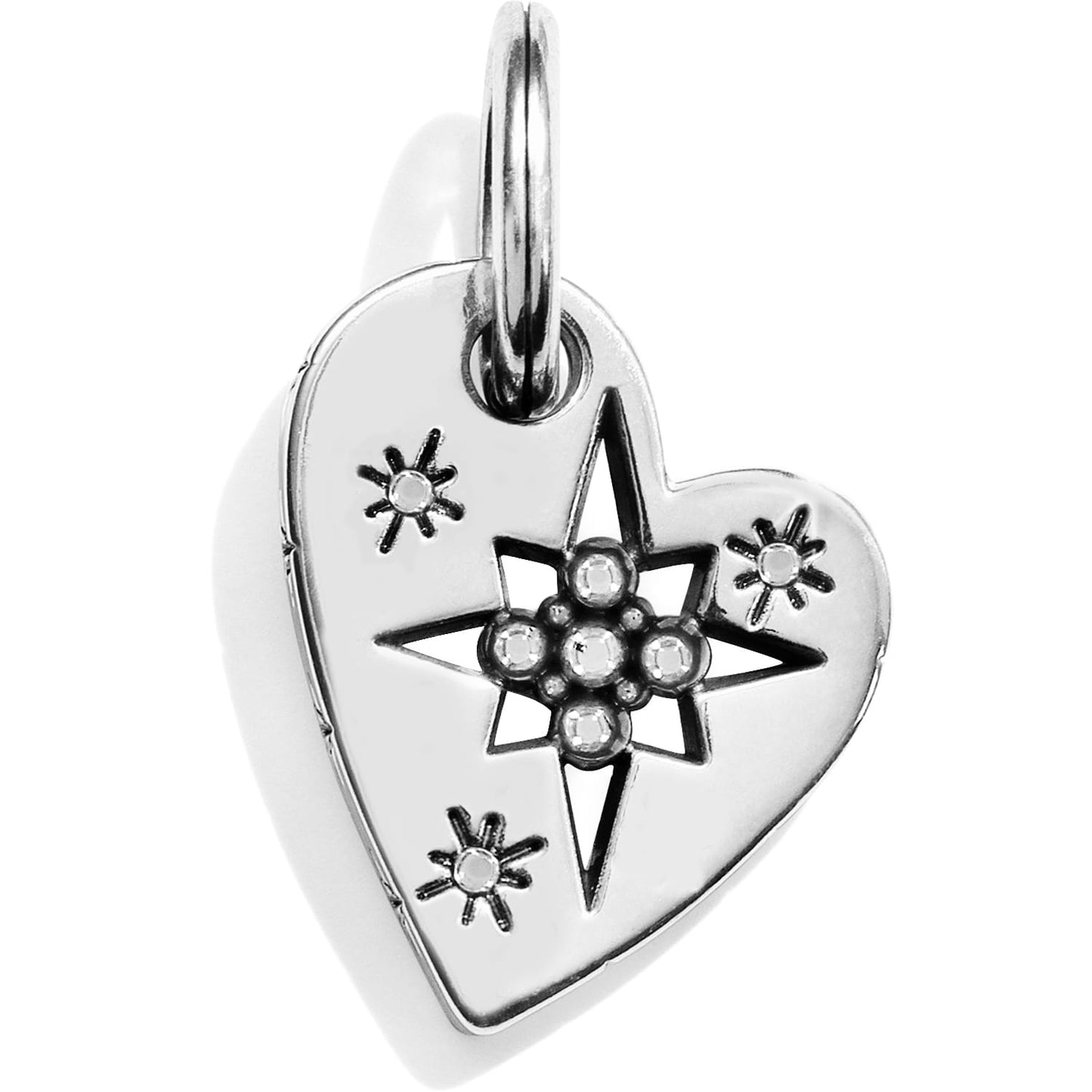 Brighton heart charm with silver-plated finish featuring cutout star design and crystal accents on a white background