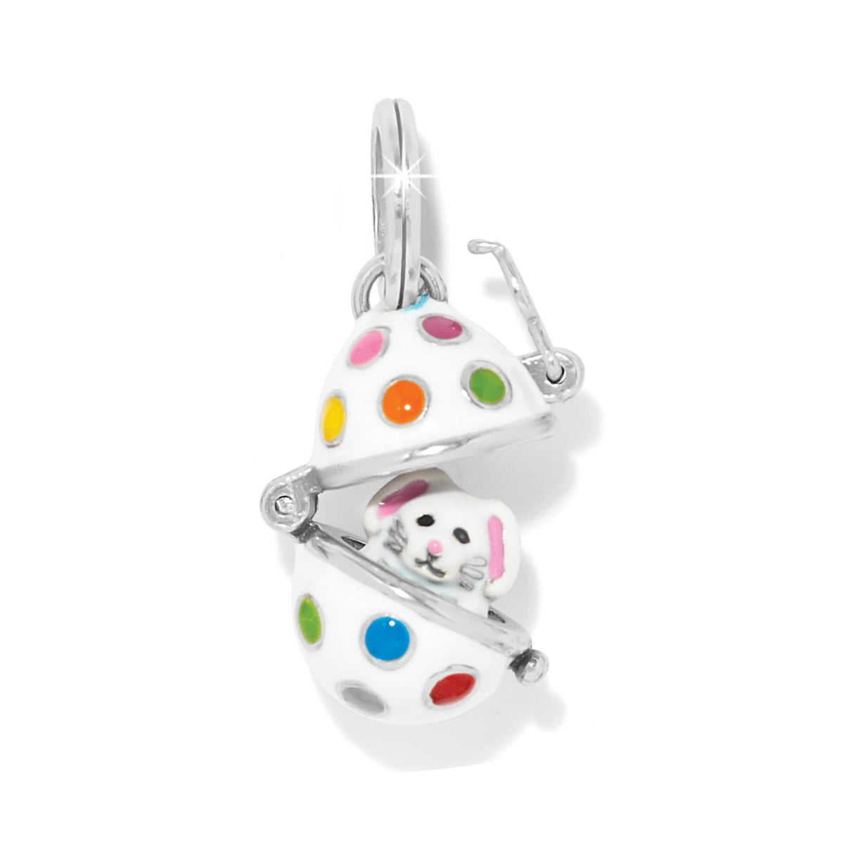 Brighton charm shown open as a polka-dot egg revealing an enamel bunny with silver-plated finish on a white background
