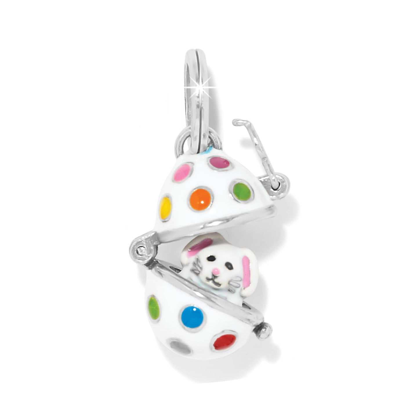 Brighton charm shown open as a polka-dot egg revealing an enamel bunny with silver-plated finish on a white background