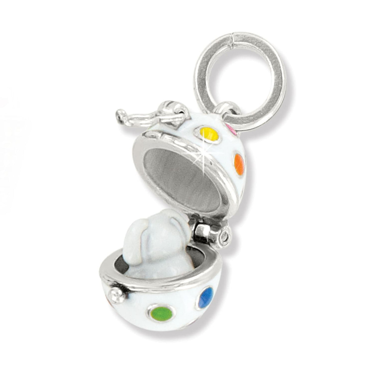 Brighton charm shown open with silver-plated finish, white enamel with colorful dots, and hidden bunny inside on a white background