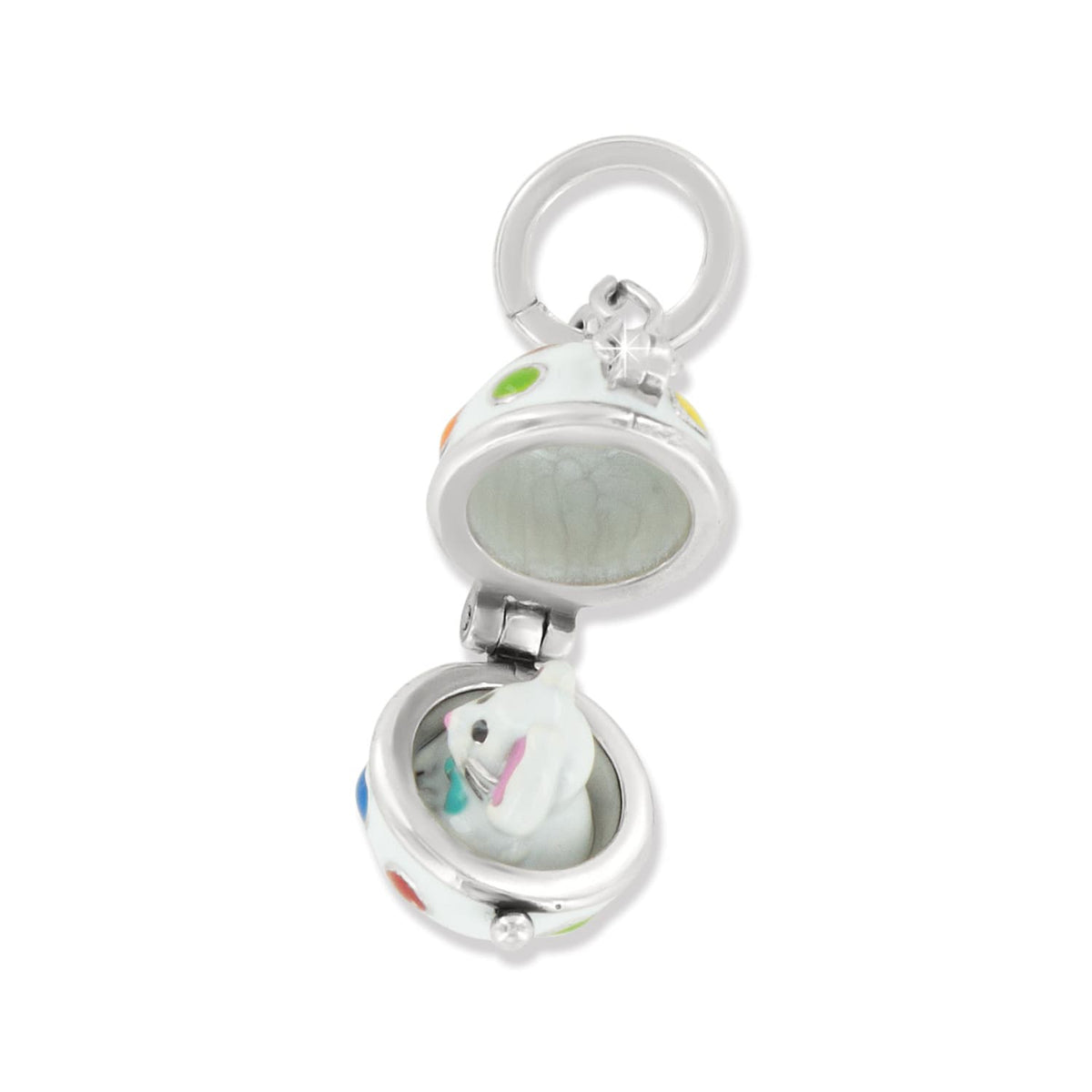 Brighton egg charm shown open with silver-plated finish, polka dot enamel exterior, and bunny inside on a white background